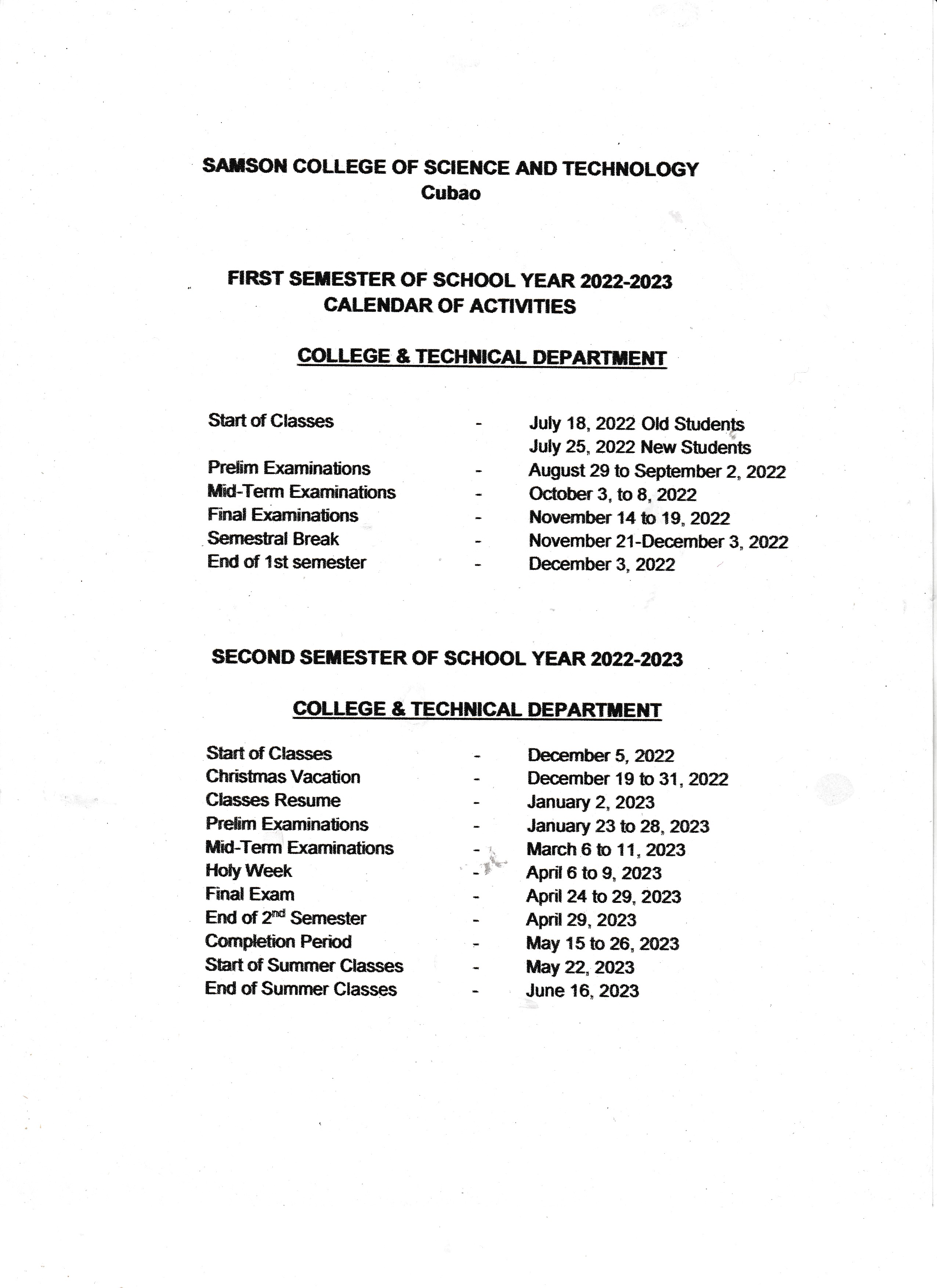 School Calendar- CollegeTechnical